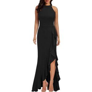 Women's High Neck Split Bodycon Mermaid Evening Cocktail Long Dress